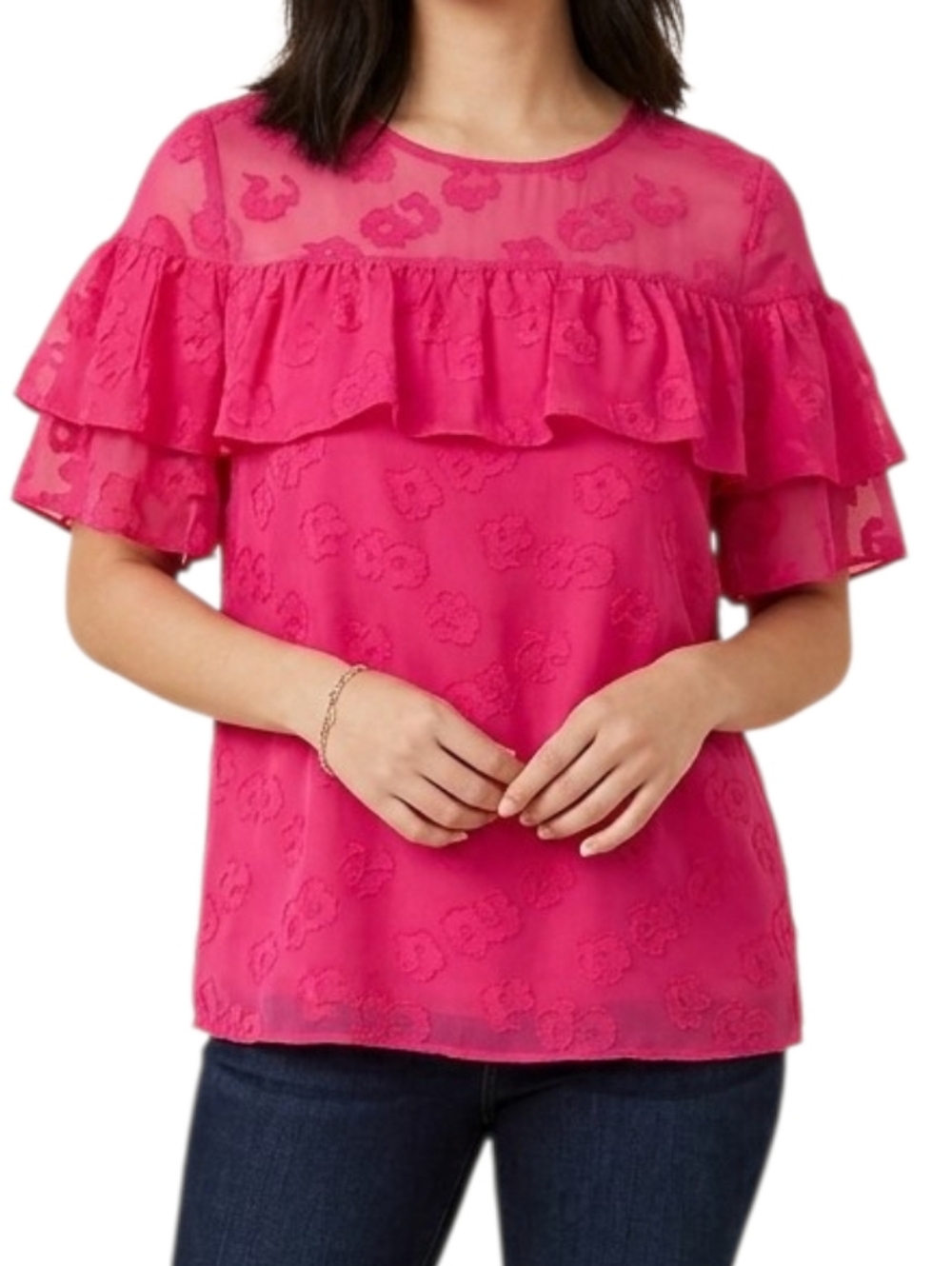 NWT Kate Spade Silk Floral Clip Chiffon Blouse Bright Magenta Pink Ruffle MD